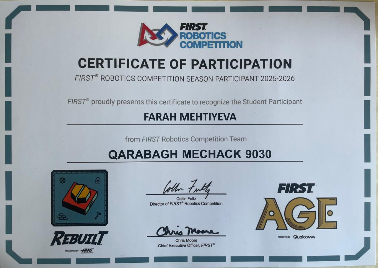 FIRST Robotics Competition Certificate of Participation — Farah Mehtiyeva, Qarabağ MecHack 9030, Season 2025–2026
